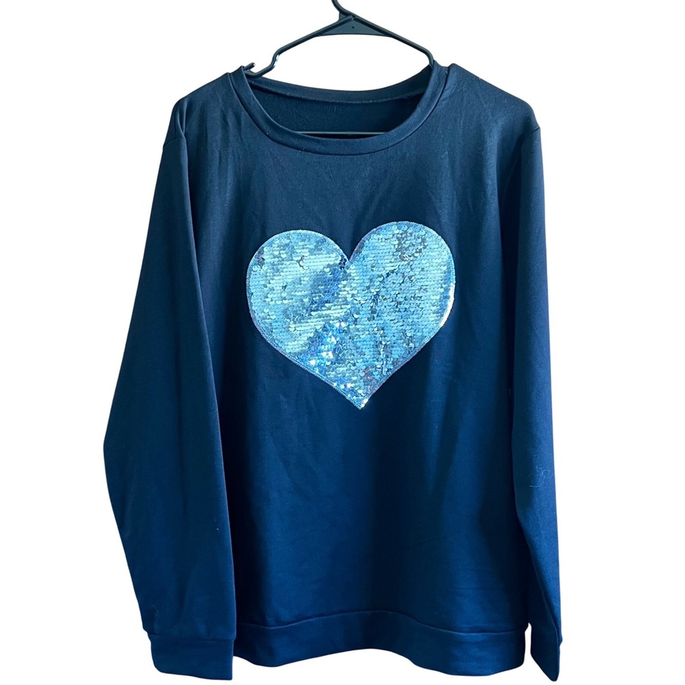 Sequin Heart Large Sweatshirt Pullover Long Sleeve Casual Top‎ Comfy Black Large